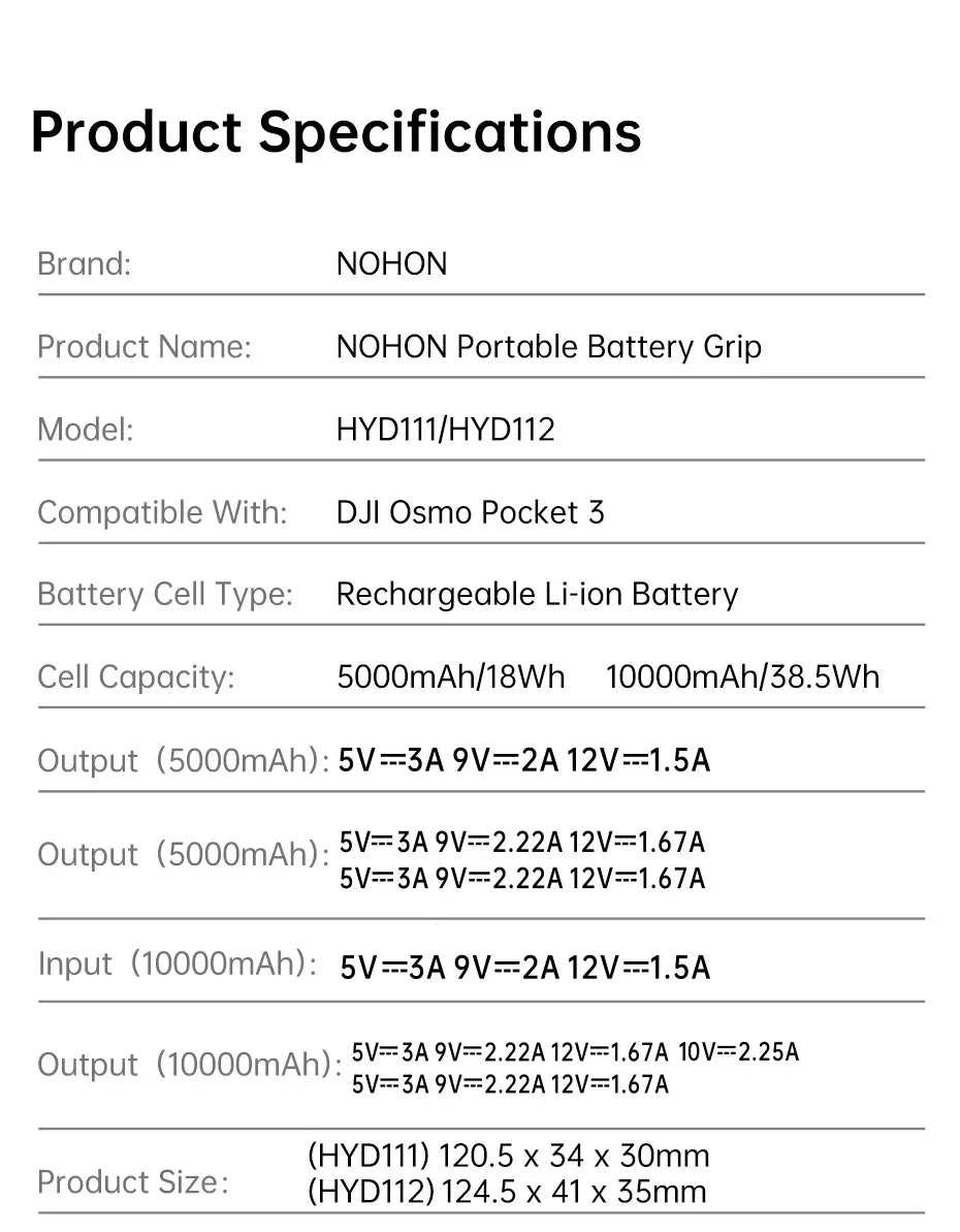 NOHON Camera Handheld Gimbal Charger for DJI Osmo Pocket 4 Pro 3 Battery Handle 10000mAh 5000mAh Portable Power Bank 22.5W