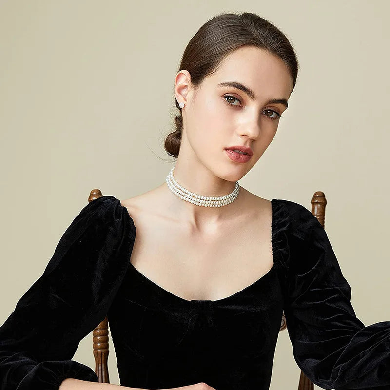 Fashion Multilayer Elegant White Pearl Collar Choker Necklace For Women Beaded Handmade Wedding Banguet Necklace Vintage Jewelry