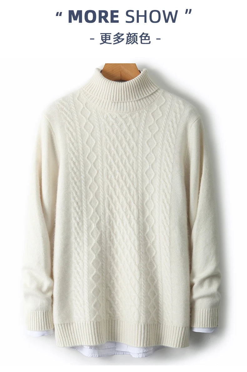 Fall/Winter 100% Wool Men's Turtleneck Thicken Sweater Jacquard Solid Cashmere Knitted Bottom Shirt
