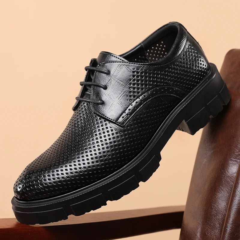 New Men Hollow Summer Platform High Heel 5/8/10 CM Height Growth Formal Men Derby Leather Shoes Man Wedding Dress Shoes Elevator