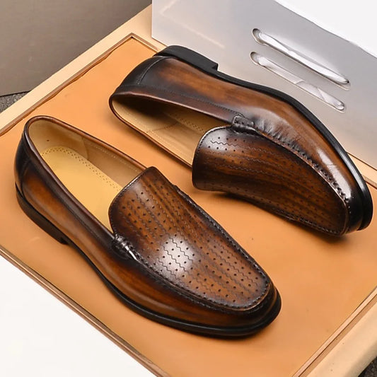 Luxury Vintage Brown Men Summer Driving Shoes Hollow Out Design Genuine Leather Casual Men Formal Loafers Plus Size 38-46