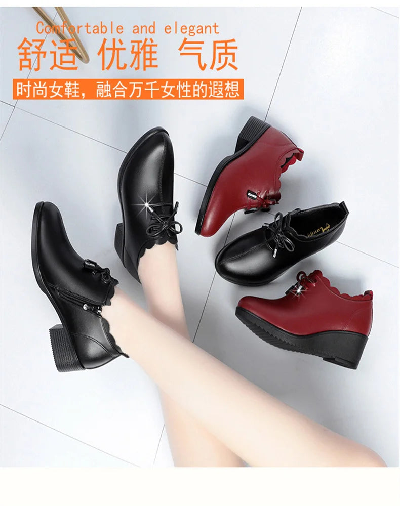 CINESSD 2023 New Fashion Lace Leather Platform Pumps Korean Style Casual Waterproof Pointed Toe Shoes for Women Spring Autumn