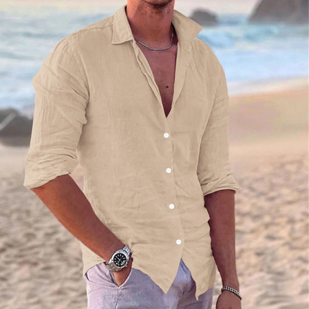 New Men's Shirt Cotton linen Fashion Casual Polo Neck Beach Shirt Long Sleeve Solid Hawaiian Holiday Shirts