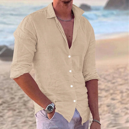 New Men's Shirt Cotton linen Fashion Casual Polo Neck Beach Shirt Long Sleeve Solid Hawaiian Holiday Shirts