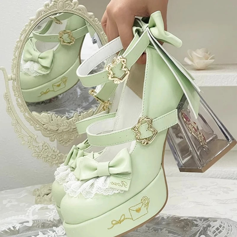 Original Design Lolita High Heeled Shoes Women Round Head Thick Sole Cute Shoes Female Versatile Elegant Mary Jane Pumps
