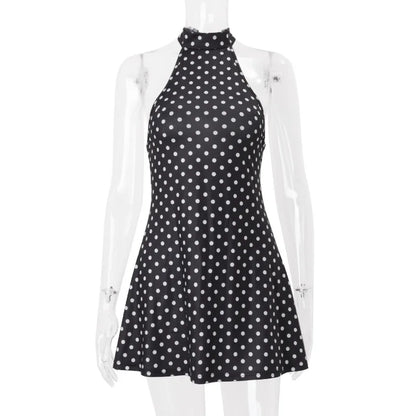 Polka Dot Elegant Off Shoulder Sleeveless Backless High Waist Halter Mini Dress Y2K Summer Fashion Club Party Vestidos