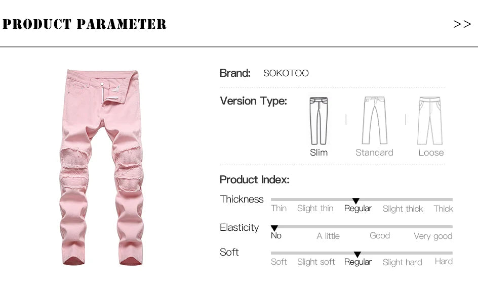 Men's Pleated Patch Denim Biker Jeans Streetwear Pink White Cotton Pants Ripped Patchwork Slim Straight Trousers