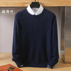 Autumn Winter 100% Mink Cashmere Sweater Men's Round Neck Pullover Loose Solid Color Plus Size Base Knit Business Casual Sweater