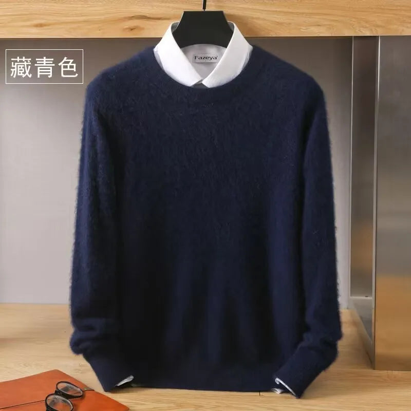 Autumn Winter 100% Mink Cashmere Sweater Men's Round Neck Pullover Loose Solid Color Plus Size Base Knit Business Casual Sweater