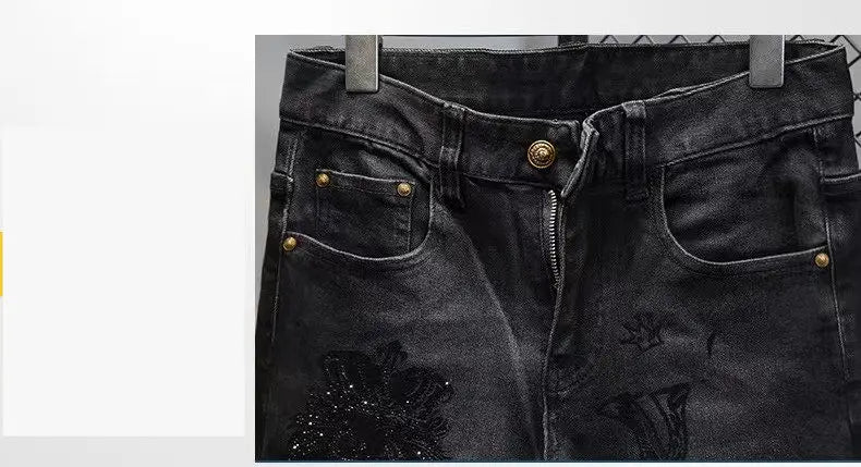 Hot-Stamped Rhinestone Men's Jeans, Trendy Brand, Stretchy Slim Fit, Embroidered and Printed Men's Trousers