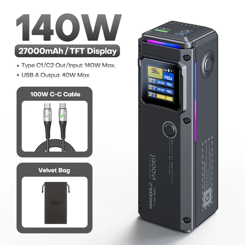 QOOVI PD140W Power Bank 27000mah Fast Charging Portable Battery Capacity Powerbank For iPhone Macbook Laptop Samsung Xiaomi