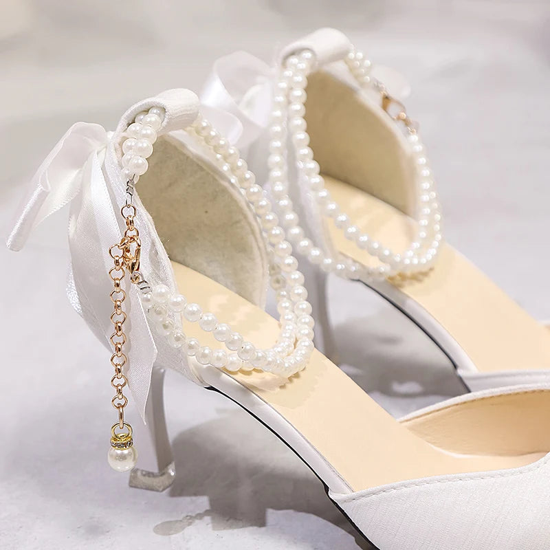 Pointed Toe Pearl Ankle Strap High Heels Pumps Women White Satin Bowknot Banquet Party Shoes Woman Elegant Stiletto Heeled Pumps