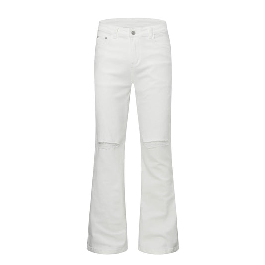 Urban Street Mens Slim Fit Flared Jeans White Black Distressed Jeans Overall Y2k Solid Color Washing Skinny Jeans Men Ripped