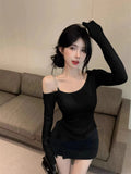 Pure And Elegant Irregular-necked Off-the-shoulder Tight T-shirt For Women