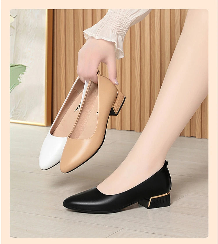 2026 Summer Women's Soft Leather Chunky Heel Pumps  Pointed Toe Low Heel Office Shoes White Work Dress Shoes Size 35-41