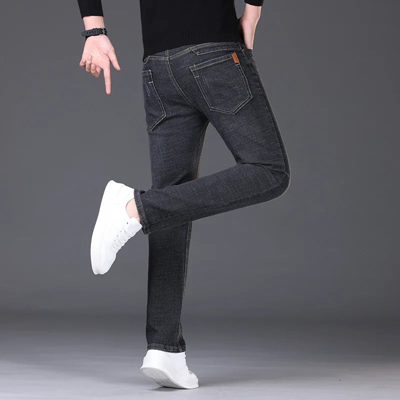 2026 Summer Thin Men's Elastic Cotton Jeans Fashion Blue Comfortable Business Straight Casual Pants Brand Male Clothes Trousers