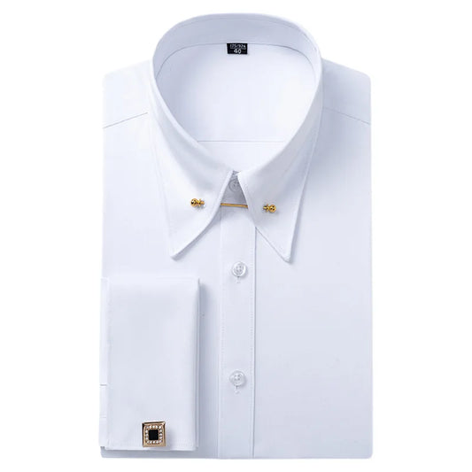 Men's Empire Neck French Cufflink Shirt Slim Fit Business Dress Assorted Cufflinks Lead Needle Large Tip Neck Men's White Shirt