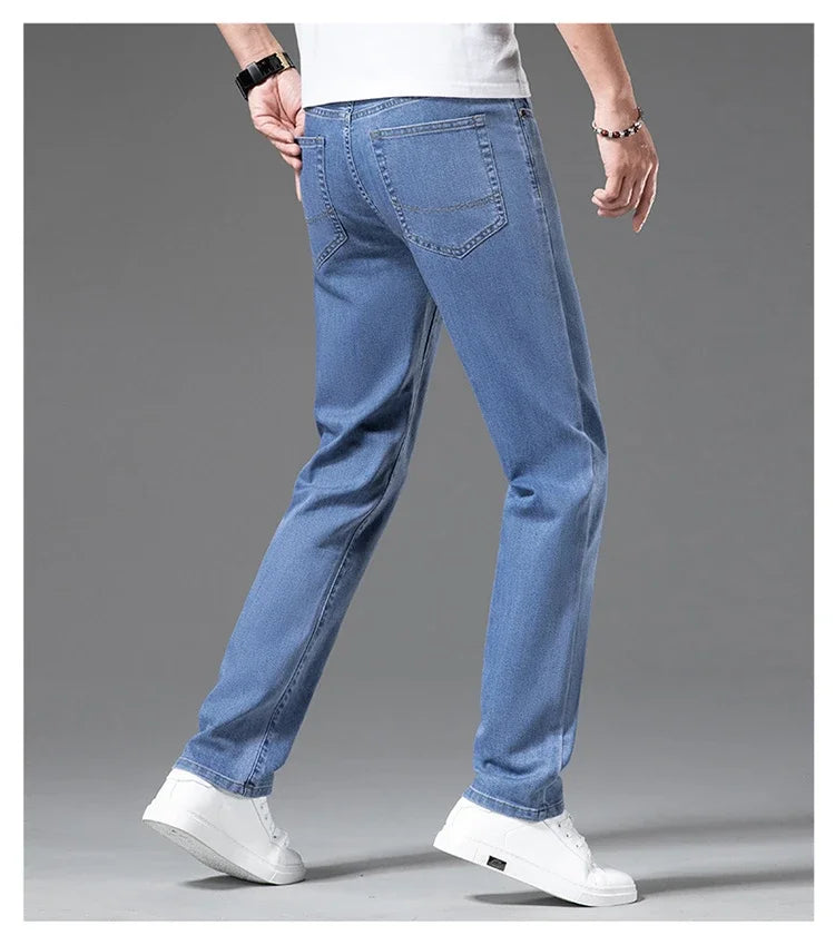 2026 Stretch Men's Fitted Straight Jeans Korean Youthful Vitality Spring Summer Thin Breathable Cotton  Lightweight Trousers