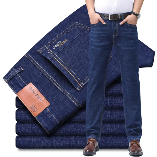 2026 Summer Thin Men's Elastic Cotton Jeans Fashion Blue Comfortable Business Straight Casual Pants Brand Male Clothes Trousers