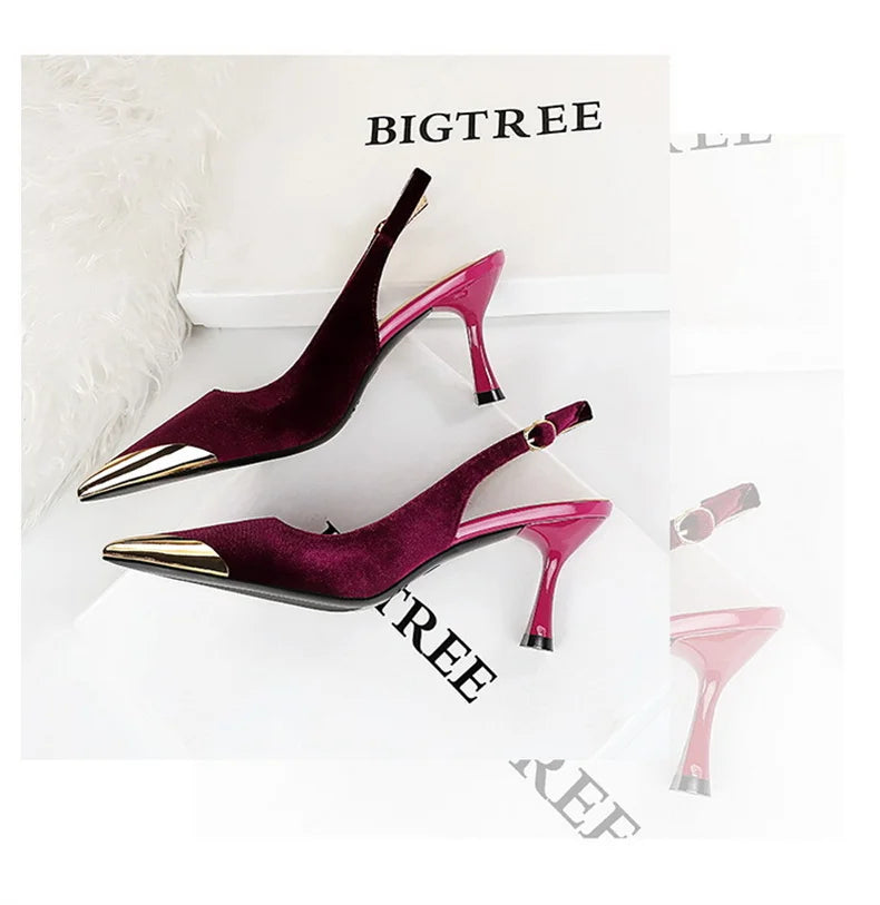 Elegant Women Green High Heel Velvet Pumps Wedding Party Slingback Sandals Metal Pointed Toe Hollow Buckle Wine Red Shoes