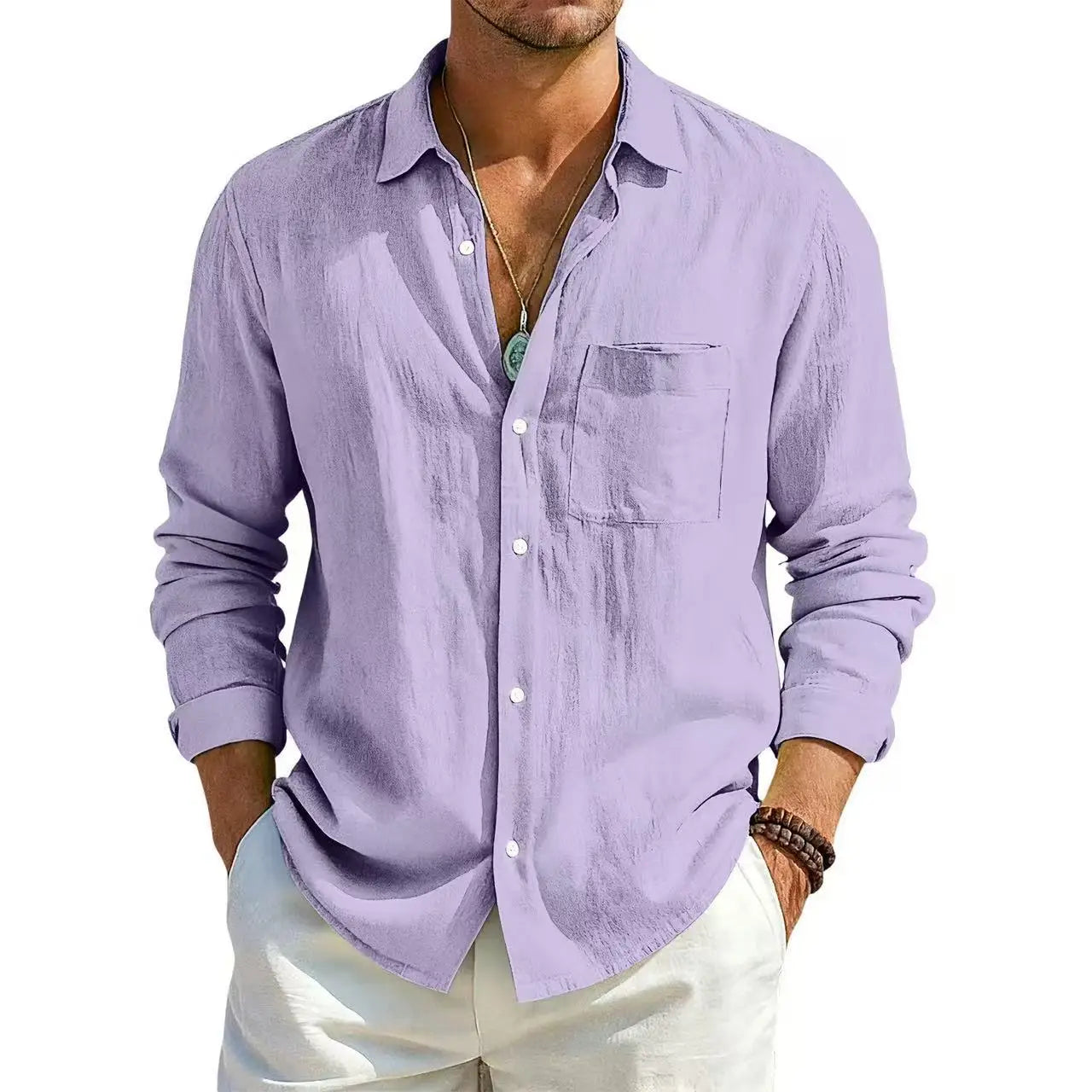 Men's Summer Long Sleeve Shirt Solid Color Loose Cotton Linen Shirt With Pockets Summer Breathable Fashion Casual Shirts for Men