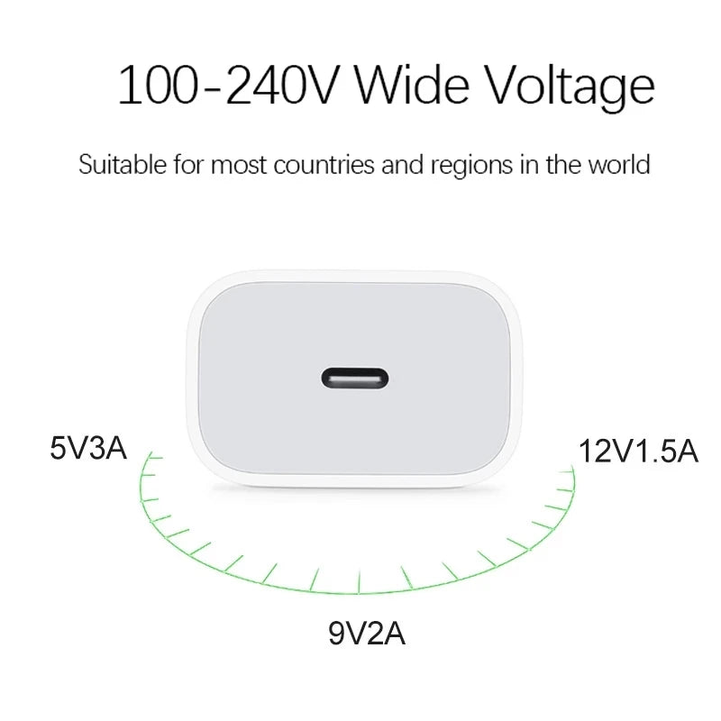 Original 20W USB-C Power Adapter For iphone 17 16 15 14 13 mini Pro Max Type C fast charger for Apple Cable for iPhone 12 Plus