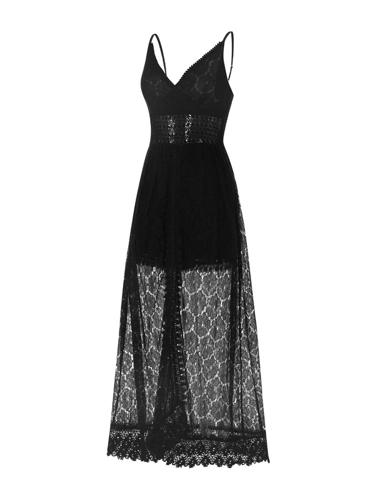 Summer Women Lace Playsuit Dress Sleeveless V Neck Hollow Out Irregular Midi Dress Sexy Elegant Casual Bohemian Dresses