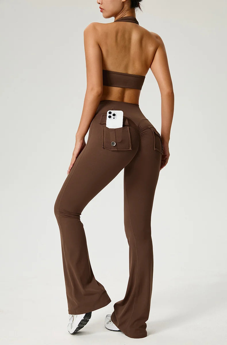 TRY TO BN Yoga Pants Pocket Back Flare Leggings Sports Fitness High Waisted Scrunch Leggings Workout Trousers Gym Woman Clothing