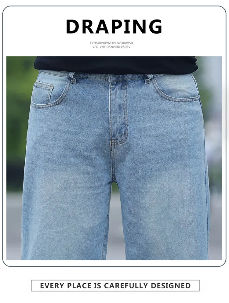 FENROOST Plus Size Men's High Waist Straight Leg Jeans Four Seasons Loose Baggy Denim Trousers Casual Versatile Long Pants New
