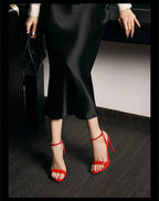 2026 new black patent leather rhinestone open toe sandals with slim heels and a straight ribbon for parties,high heels for women