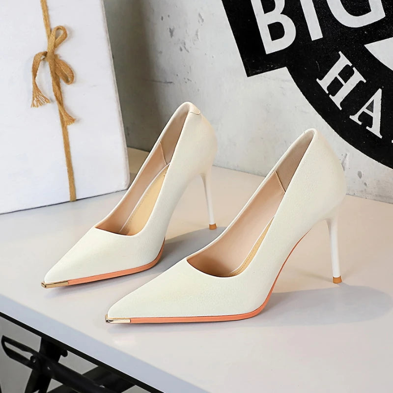 Banquet Fashion Metal Toe High Heels Women's Pointed Toe Shallow Mouth Thin Heels Women's Shoes Temperament Single Shoes