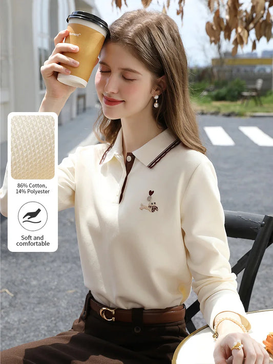 I BELIEVE YOU Polo Neck Long Sleeved T-shirt for Women Autumn 2025 Apricot Casual Tees Contrast Color Embroidery Top 2253016181