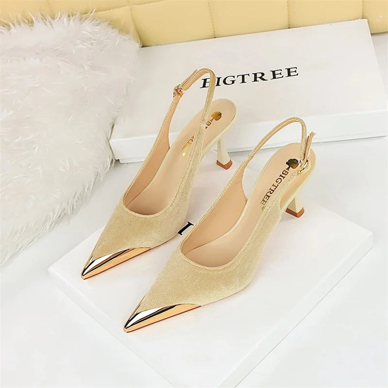 Elegant Women Green High Heel Velvet Pumps Wedding Party Slingback Sandals Metal Pointed Toe Hollow Buckle Wine Red Shoes