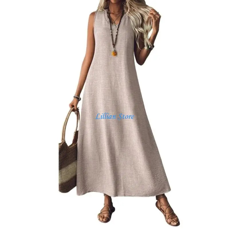 Q1FA Summer Dresses for Women Cotton Linen Maxi Dress Casual Sleeveless Long Sundress Vacation Outfits