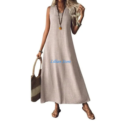 Q1FA Summer Dresses for Women Cotton Linen Maxi Dress Casual Sleeveless Long Sundress Vacation Outfits