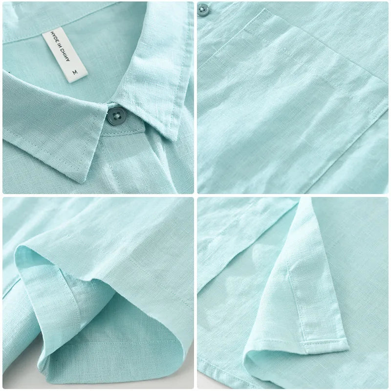 100% Linen Short Sleeve Shirt for Men Breathable Summer Casual Top Minimalist Loose Fit Button-Up Shirt  Natural Wrinkle Texture