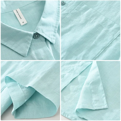 100% Linen Short Sleeve Shirt for Men Breathable Summer Casual Top Minimalist Loose Fit Button-Up Shirt  Natural Wrinkle Texture