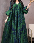 Vintage Printed Dress Women Breathable Loose Middle Eastern Robe Casual Long Sleeve Abaya V-neck Loose Muslim Abayas for Women