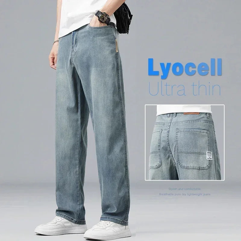 2026 New Summer Ultra-thin Lyocell Men's Jeans Drape Soft Fabric Loose Straight Casual Denim Pant Elastic Ice Silk Male Trousers
