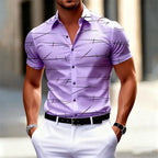 18 colors new men's fashion geometric line print short-sleeved shirt Urban casual style slim lapel shirt comfortable fabric