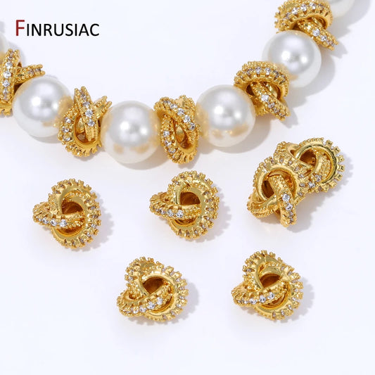 18K Gold Plated Brass With Zircon Round Twist Beads For Bracelets,Separator Bead,Spacer Beads For DIY Jewelry Making Accessories