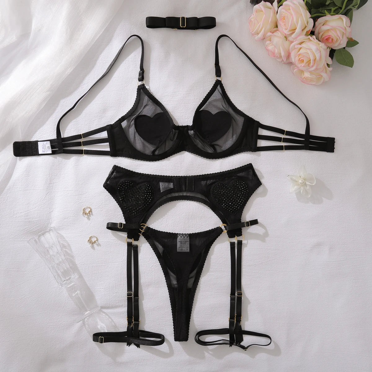 Ellolace Tempted Women's Lingerie Sets Daring Heart Rhinestone Bra Belt Thong 3PC with Choker Leg Circles Intimate Miss Outfits