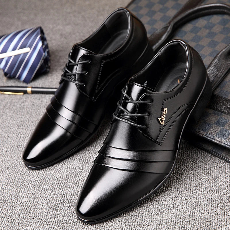 Mens Black Genuine Leather Cap Toe Lace Up Formal Business Office Groom Wedding Daily Wear Dress Shoes British Style Fashion