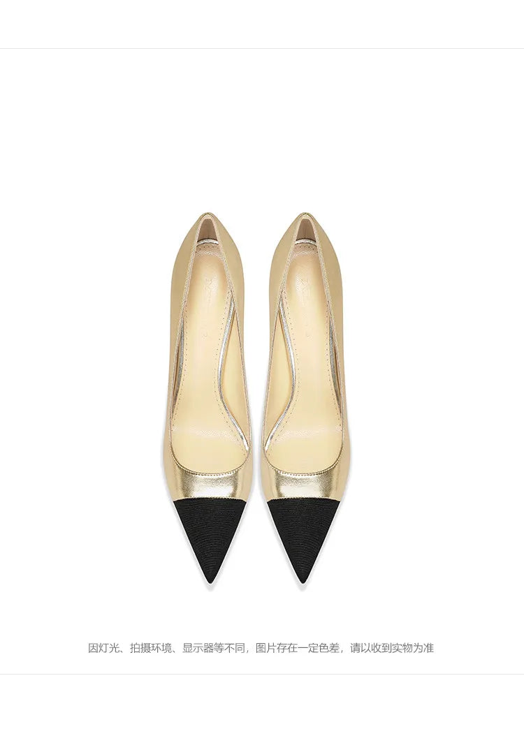 Golden high heels for women, new style, with pointed, slender heels,small fragrant style,color blocking, sexy banquet high heels