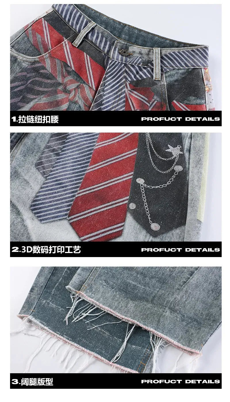 Women American Vintage Print Tie Machete Pattern Jeans Loose Wide Leg Street Hot Girl Design All Match Denim Long Trousers