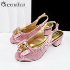 Queena Yan  2025 Shiny Italian Fashion Pointed Toe Women Heel Fashion Rhinestone Decoration Pink Color Shoes And Bag Set