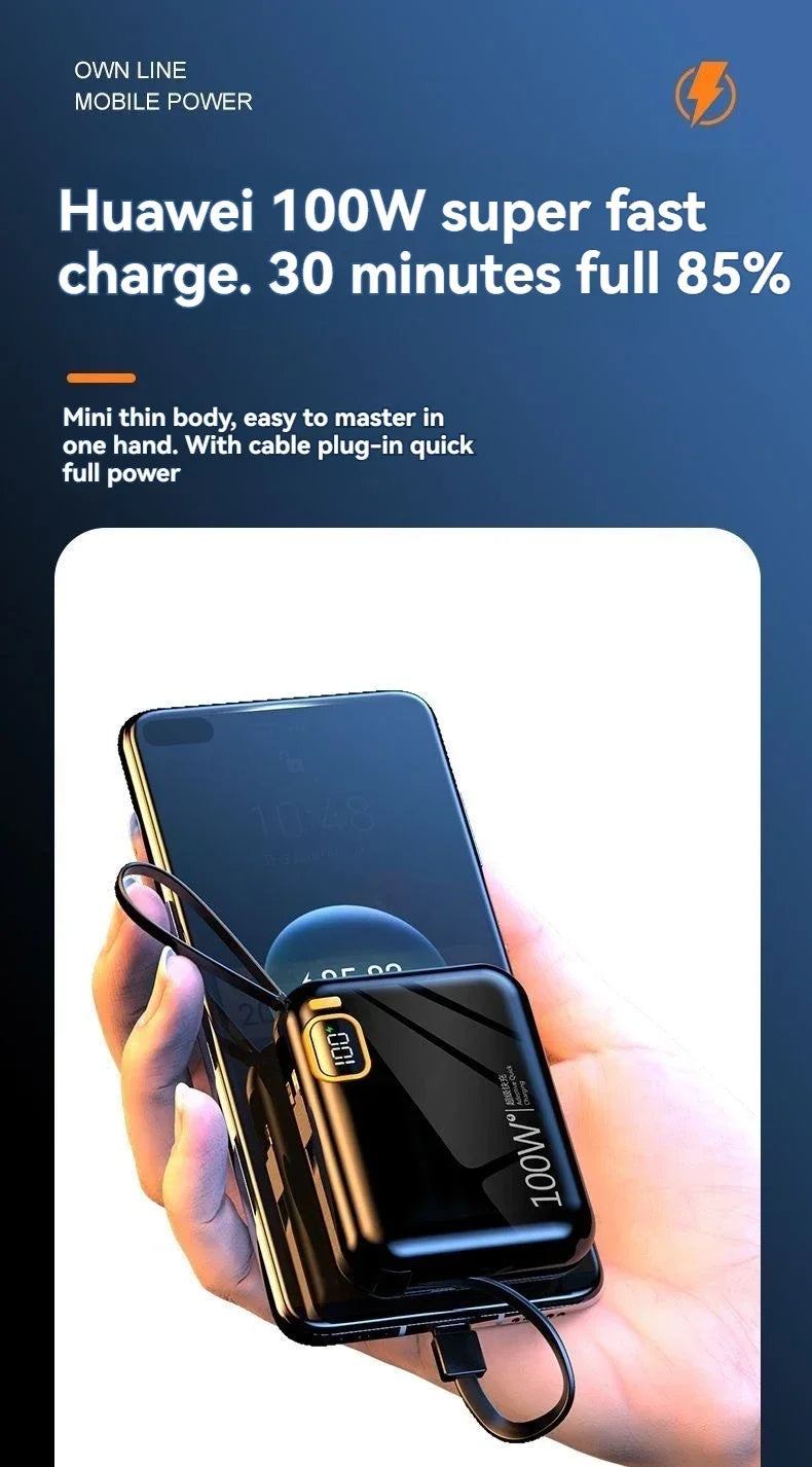 Portable Mini Power Bank, 66W, 20000mAh, Built-in Cable, PD20, Super Fast Charging, Compact, New