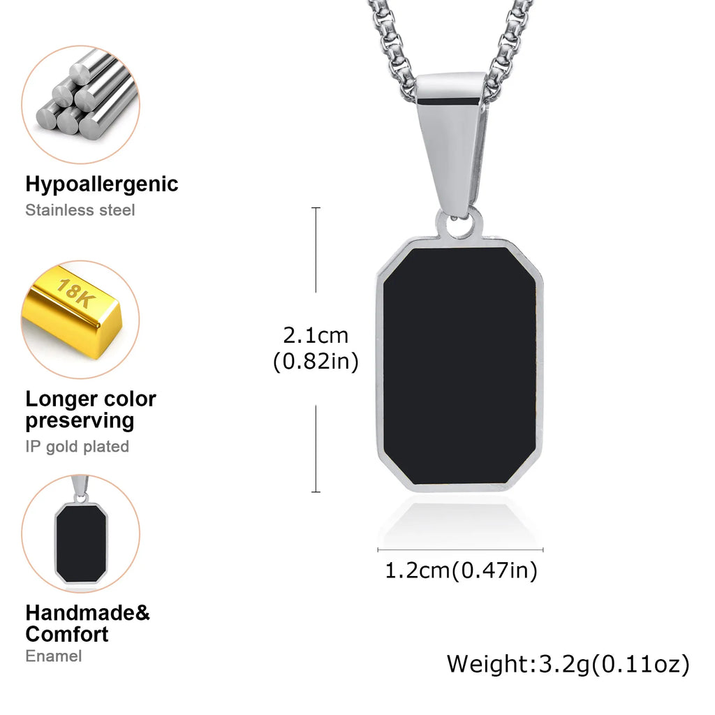 Stylish Men's Black Enamel Necklace,Stainless Steel Geometric Square Small Dogtags Necklace,Anniversary Birthday Father Gift