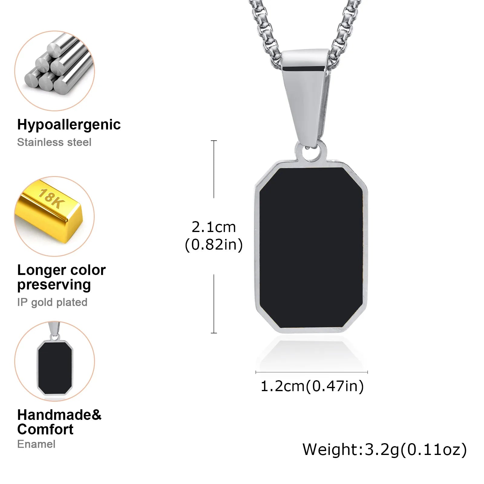 Stylish Men's Black Enamel Necklace,Stainless Steel Geometric Square Small Dogtags Necklace,Anniversary Birthday Father Gift