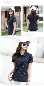 Women's Summer Cotton Shirt - Slim Fit Foldable Flip Collar Short Sleeve Printed Casual Top Trendy Button Design Fashion